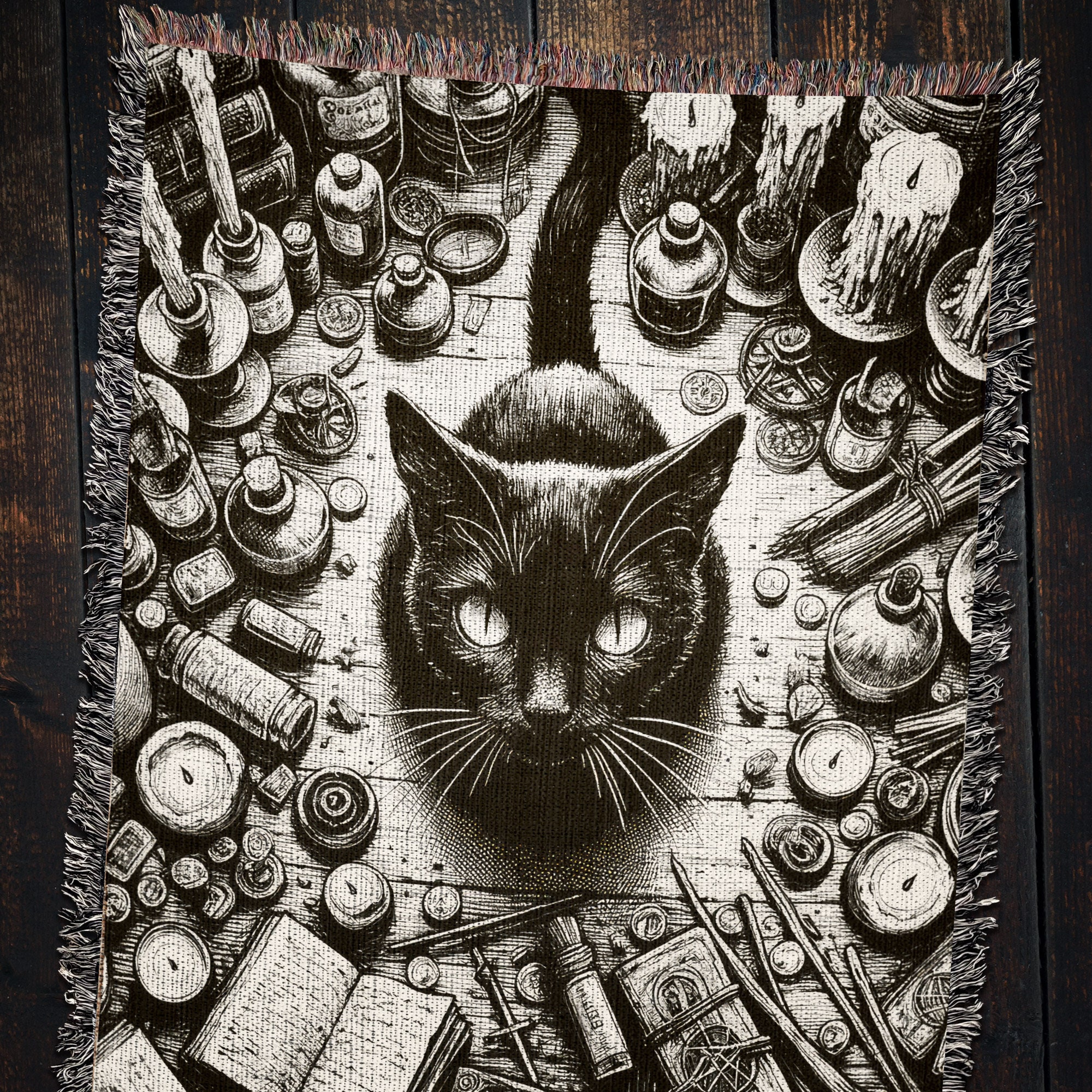 Coperta da tiro di Halloween gatto nero strega gatto misteriosa divinazione  stregoneria Lucifero coperta di flanella portatile per biancheria da letto