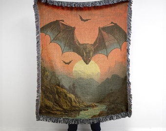 Vintage Vampire Bat Woven Blanket: 1980s Horror Comic Decor