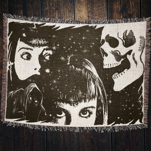Space Horror Woven Throw Blanket: Vintage Sci-Fi Girl, Cotton Dorm Decor