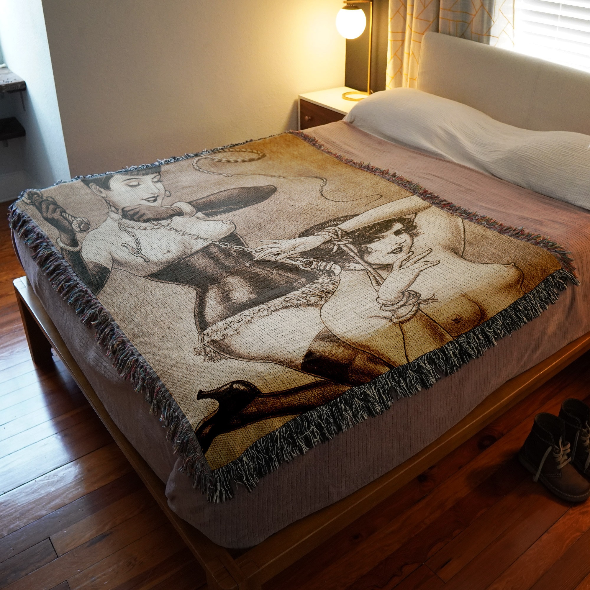 Nude Woman Vintage Erotica NSFW Lesbian BDSM Art Woven Blanket • Vintage Sex LGBT Decor Shibari Art Sex Room Bondage Boobs Leather Feminist