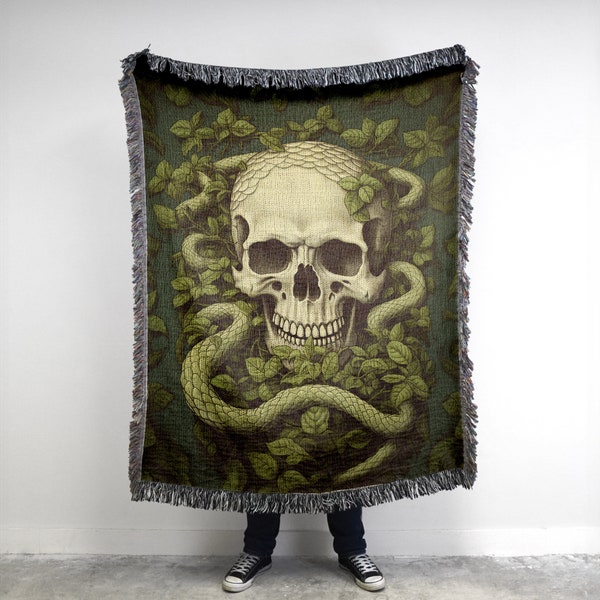 Vintage Skull and Snake Blanket • Dark Nature Ivy Illustration, Gothic Snake Decor, Skull and Serpent Art, Inspired by Slytherin Decor
