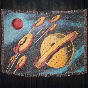 Retro Sci-Fi UFO Woven Throw Blanket: Mid-Century Space Art