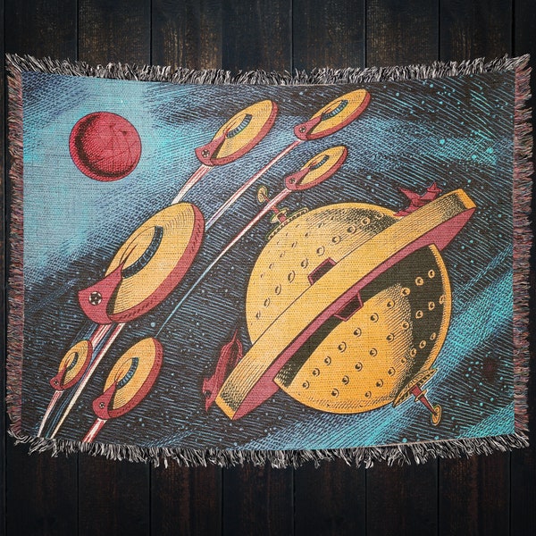 Retro Sci Fi Vintage UFO Woven Throw Blanket: Vintage Novelty Blanket for Dorm Decor, Naps, Doge Decor, Gift for Him or Her