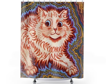 Vintage Louis Wain Psychadelic Katzen Duschvorhang, Vintage Katze Badezimmer, Trippy Katzendekor, Pilzkatzen Badematte, Droge hoch