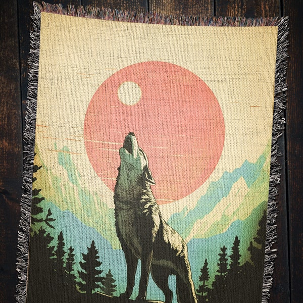 Couverture lune loup mystique • Loup hurlant et lune rose, tapisserie de la forêt du guide spirituel, pendentif Patronus loups, jeté des montagnes