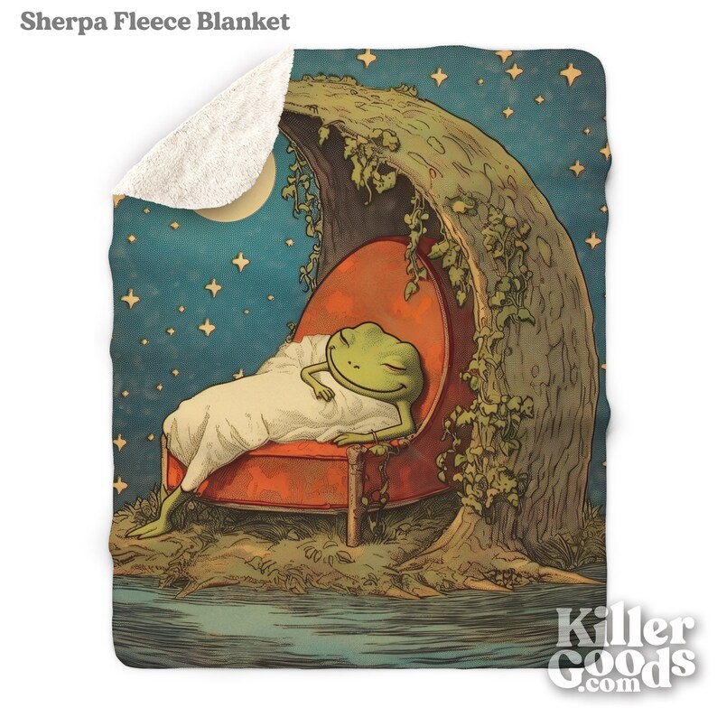 May include: A green frog wearing a white nightshirt sleeps in a red armchair under a crescent moon. The moon is surrounded by stars and the armchair is nestled in a tree with green vines. The scene is set against a blue night sky with a lake in the foreground.