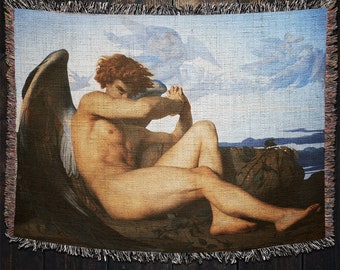 May include: A tapestry featuring a painting of a winged angel with red hair, lying on a rocky shore. The angel is nude and has its wings spread out behind it. The background is a blue sky with clouds.