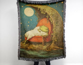 Vintage Frog Blanket: Moonlit Swamp Tapestry, Bohemian Decor