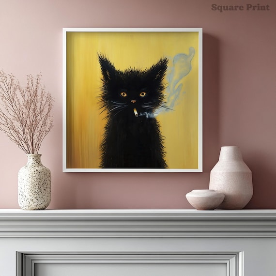 black cat with cigarette meme Smoking Black Cat Meme Art Print, Vintage Funny Antique Kitten Poster Weird  Decor