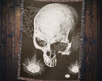 Skull & Gems Woven Throw Blanket: Vintage Horror Decor