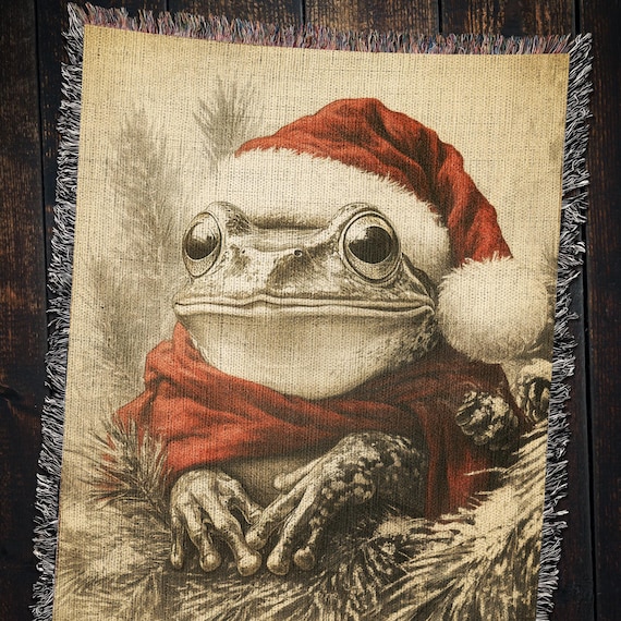 Vintage Christmas Frog Blanket: Santa Hat Holiday Decor