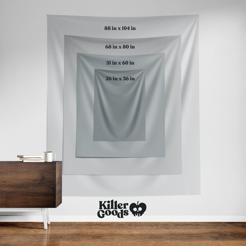May include: A white tapestry with the text "Killer Goods" and a black apple with a skull design. The tapestry is available in four sizes: 26 inches by 36 inches, 51 inches by 60 inches, 68 inches by 80 inches, and 88 inches by 104 inches.