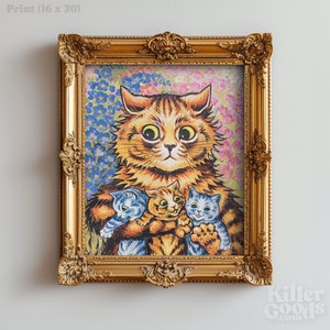 Impression d'art chat Louis Wain, art antique de chat, chat vintage, affiche victorienne de kitsch, impression d'art étrange, chat drôle de livre de contes, chat avec des chatons