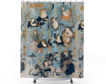 Samurai Frösche Duschvorhang ~ Vintage japanische Folklore, Ninja Frosch und Kröte, lustiges Badezimmer Dekor