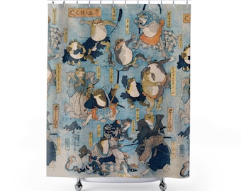 Samurai Frogs Shower Curtain ~ Vintage Japanese Folklore, Ninja Frog and Toad, Fun Bathroom Decor