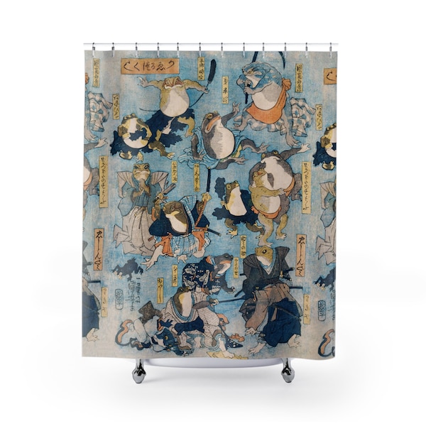 Samurai Frogs Shower Curtain ~ Vintage Japanese Folklore, Ninja Frog and Toad, Fun Bathroom Decor