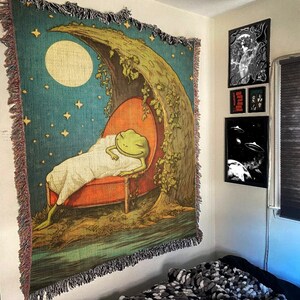 May include: A tapestry depicting a green frog sleeping in a red chair beneath a crescent moon. The tapestry has a blue background with white stars and a green tree.