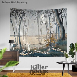 May include: A tapestry featuring a whimsical forest scene with a white rabbit standing in the middle of a clearing. The forest is filled with tall trees and a crescent moon hangs in the sky. The tapestry is a beautiful and unique piece of art that would add a touch of whimsy to any room.