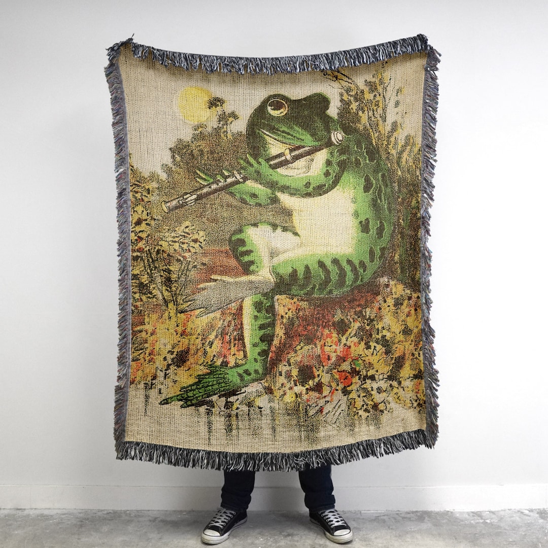 Flute Frog Blanket Vintage Frog Decor Folklore Woven Blanket Lizzo Flute Frogs Blanket