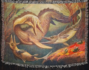 Vintage Mosasaurus Blanket: Antique Dinosaur Art Throw