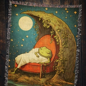 May include: A green frog wearing a white blanket sleeps in a red armchair under a crescent moon and a tree with green leaves. The background is a blue sky with white stars.