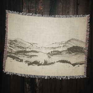 Scenic Landscape Woven Throw Blanket: Modern Art Tapestry, 100% Cotton