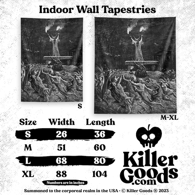 May include: Black and white tapestry featuring a scene of a figure standing on a platform with many figures reaching up towards them. The tapestry is available in four sizes: small (26 inches wide by 36 inches long), medium (51 inches wide by 60 inches long), large (68 inches wide by 80 inches long), and extra large (88 inches wide by 104 inches long).