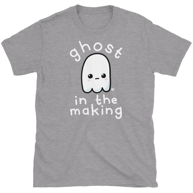 May include: A heather grey t-shirt with a white ghost illustration and the text "ghost in the making".