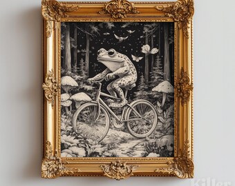 Vintage Frog Riding Bicycle Wall Art Print - Woodprint Toad Illustration Forest Decor Mushroom Botanical