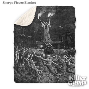 May include: Black and white illustration of a devil figure with horns and a long robe, standing on a platform and raising their arms. The devil is surrounded by a crowd of figures with wings and horns, all looking up at the devil. The image is set against a dark background.