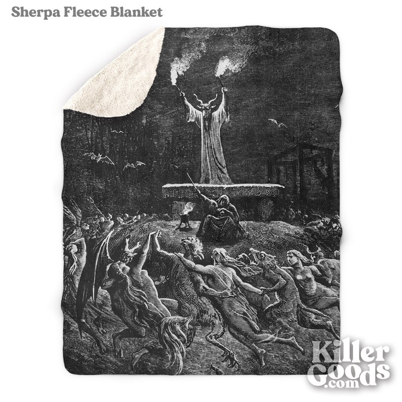 May include: Black and white illustration of a devil figure with horns and a long robe, standing on a platform and raising their arms. The devil is surrounded by a crowd of figures with wings and horns, all looking up at the devil. The image is set against a dark background.