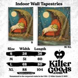 May include: A tapestry depicting a green frog asleep in a red armchair beneath a crescent moon. The moon is surrounded by stars and the frog is nestled in a leafy tree. The tapestry is available in four sizes: S (26 inches wide x 36 inches long), M (51 inches wide x 60 inches long), L (68 inches wide x 80 inches long), and XL (88 inches wide x 104 inches long).