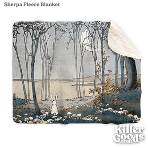 May include: A white rabbit sits in a forest clearing, looking out at a lake under a crescent moon. The forest is filled with trees and mushrooms. The scene is painted in a vintage style.
