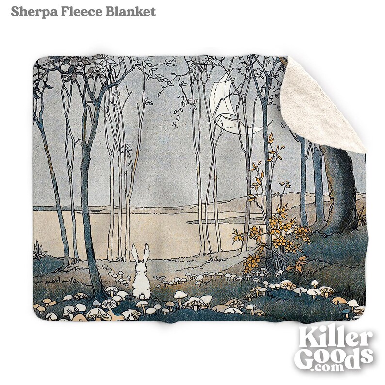 May include: A white rabbit sits in a forest clearing, looking out at a lake under a crescent moon. The forest is filled with trees and mushrooms. The scene is painted in a vintage style.