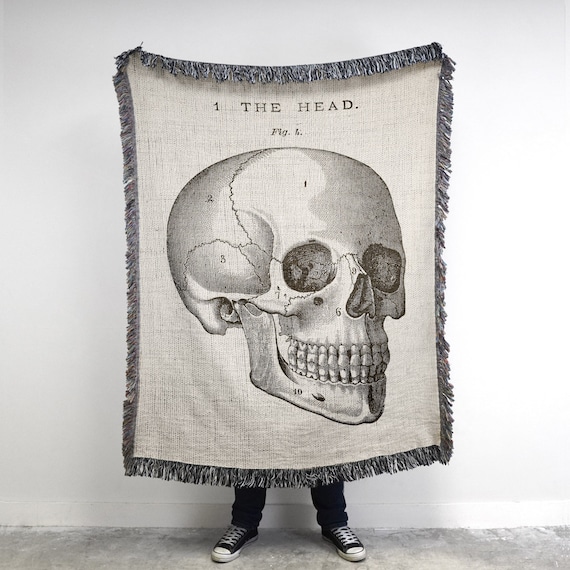 Vintage Anatomy Skull Throw Blanket: Woven Cotton Halloween Decor