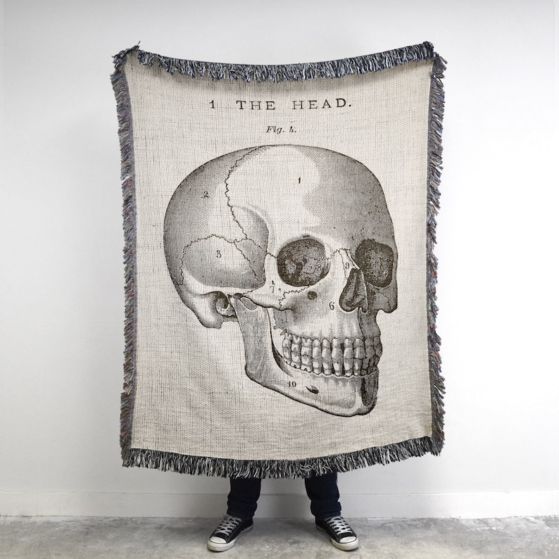 Anatomical Skull Decor. Woven throw blanket and wall tapestry. Skeleton decor.