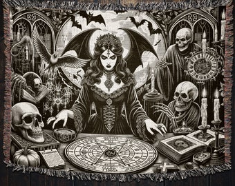 Dark Sorceress Woven Blanket: Vintage Gothic Witch Tapestry