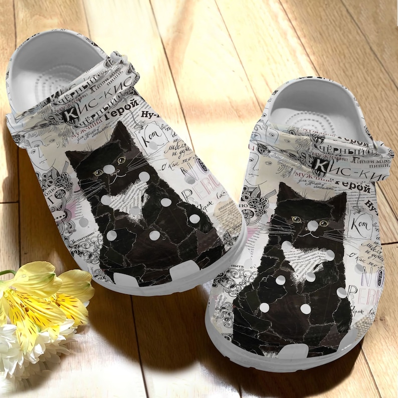 Gift For Mom Black Cat  Clog Newspaper Crocband clog Gift For Dad Gift For Fan Happy Mother/'sFather/'s Day