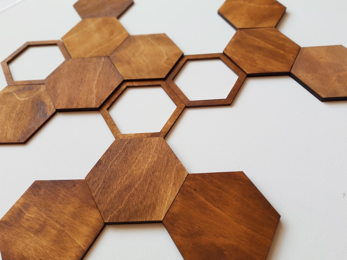 Hexagon Wood Wall Art Modern Hexagon Tiles Set of 11 Etsy