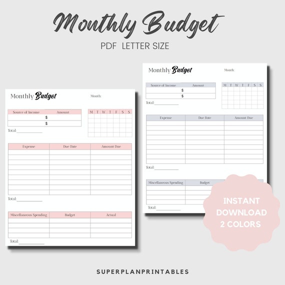 Monthly Budget Template Monthly Budget Printable Digital | Etsy