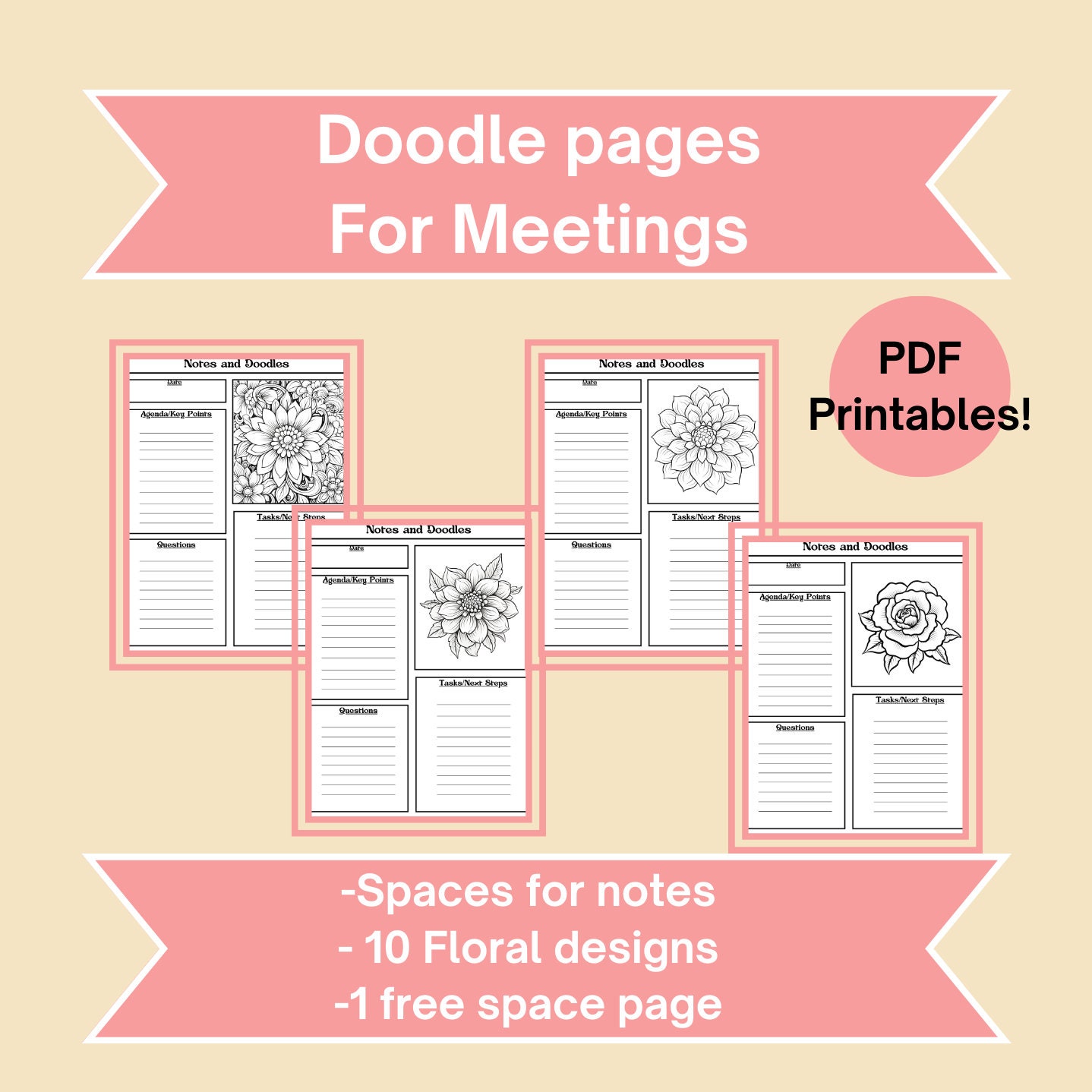 Printable Floral Design Coloring Meeting Notes PDF, Work From Home ...