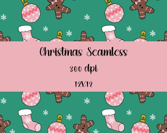 May include: A seamless digital pattern on a green background featuring brown gingerbread people, pink Christmas stockings with white cuffs, pink ornaments with white polka dots, and white snowflakes. Text reads: Christmas Seamless 300 dpi 12x12.