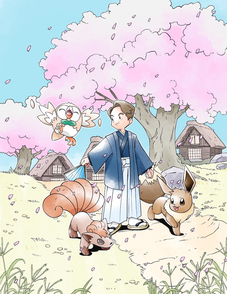 May include: A digital illustration featuring a person in a dark blue kimono and white hakama standing under a large pink cherry blossom tree. A small brown fox-like creature with multiple tails, a brown rabbit-like creature, and a small owl are present.