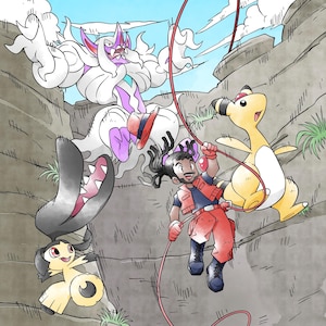 May include: A digital illustration featuring a person with dark hair in a red vest and pants rappelling down a rocky canyon wall with a red rope, accompanied by a large white and purple creature, a yellow creature, and a small black and yellow creature.