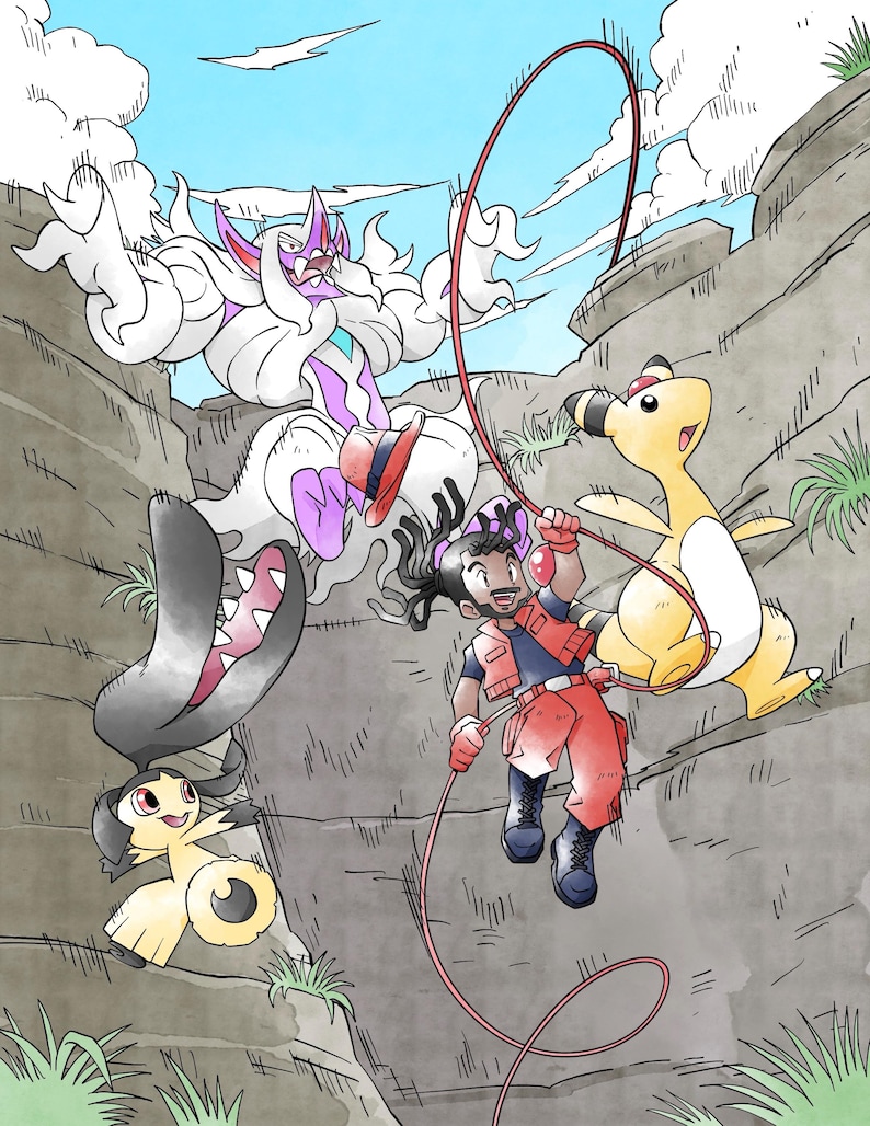 May include: A digital illustration featuring a person with dark hair in a red vest and pants rappelling down a rocky canyon wall with a red rope, accompanied by a large white and purple creature, a yellow creature, and a small black and yellow creature.