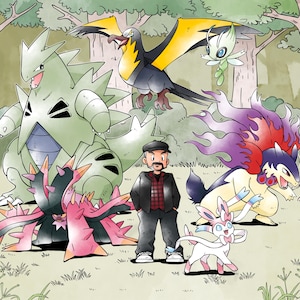 May include: A digital illustration featuring a person standing in a forest surrounded by six creatures. The group includes a large green armored creature, a dark bird with yellow wings, a small green fairy-like being, a pink and white creature, and a large creature with purple and red flames.