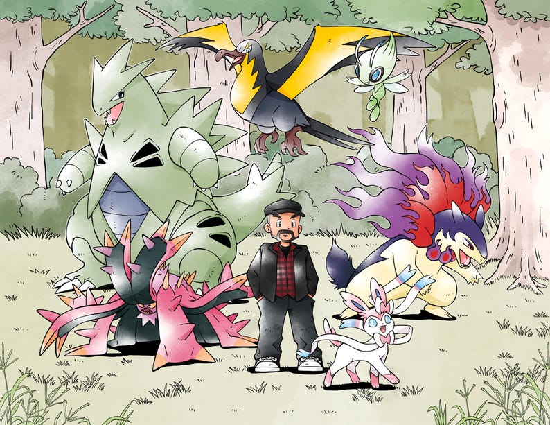 May include: A digital illustration featuring a person standing in a forest surrounded by six creatures. The group includes a large green armored creature, a dark bird with yellow wings, a small green fairy-like being, a pink and white creature, and a large creature with purple and red flames.
