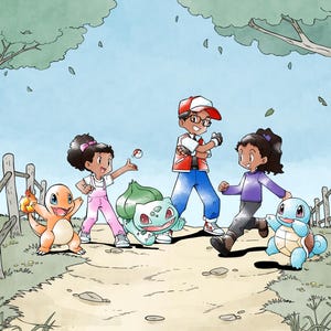 May include: A colorful illustration featuring three children and four creatures on a dirt path between wooden fences. The characters include a child in a red cap, a child in pink overalls, and a child in a purple shirt, accompanied by Charmander, Bulbasaur, and Squirtle.
