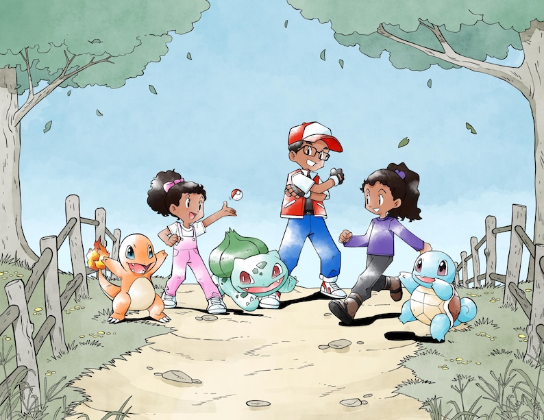 May include: A colorful illustration featuring three children and four creatures on a dirt path between wooden fences. The characters include a child in a red cap, a child in pink overalls, and a child in a purple shirt, accompanied by Charmander, Bulbasaur, and Squirtle.
