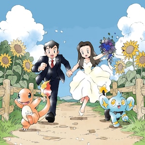 May include: A digital illustration of a couple in wedding attire running along a dirt path between sunflower fields. The person on the left wears a black suit, and the person on the right wears a white dress and holds a blue floral bouquet.